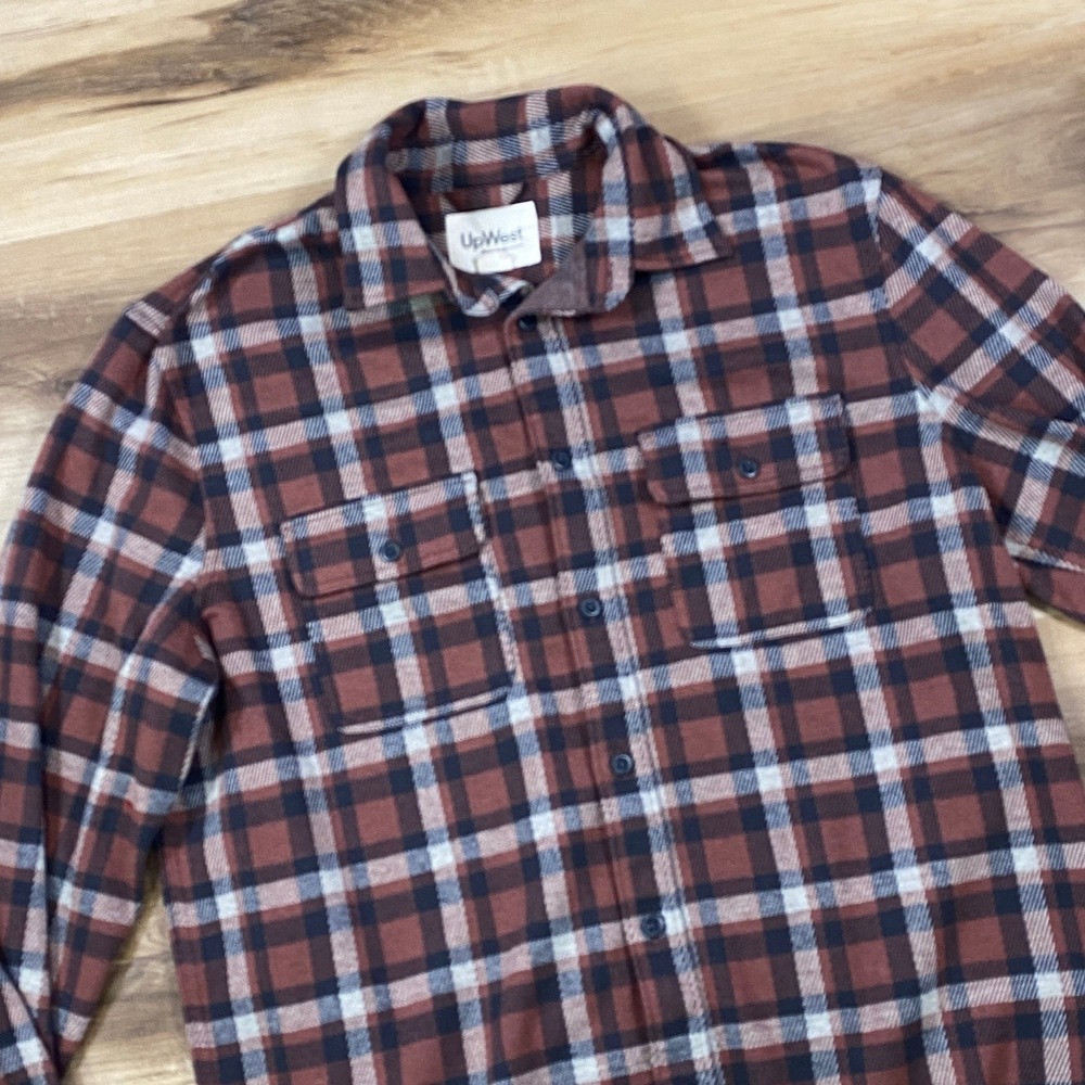 UpWest Flannel Shirt Mens M Gorpcore Heritage Polyester Plaid Brown Rust Navy